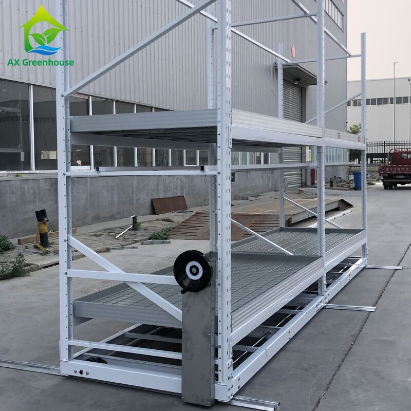 Banco rodante ajustable de alta resistencia para invernaderos con estructura de acero galvanizado en caliente y capacidad de carga de 120 kg/m²